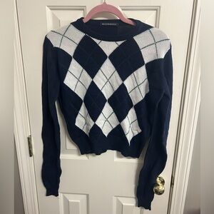 Brandy Melville Navy Argyle Cropped Sweater One Size Wool Cashmere